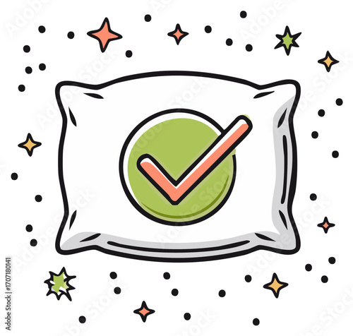 Pillow with Check Mark Illustration in Cute Style Represents Sleep Quality and Healthy Habits