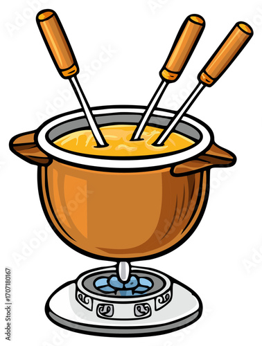 Cartoon illustration of a fondue pot with skewers and a burner