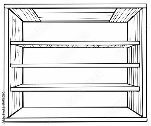 Empty open wooden shelving unit with four levels showcasing a simple outline drawing