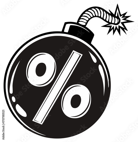 Urgent percentage bomb illustration with lit fuse for discount sale offer or financial deadline concept