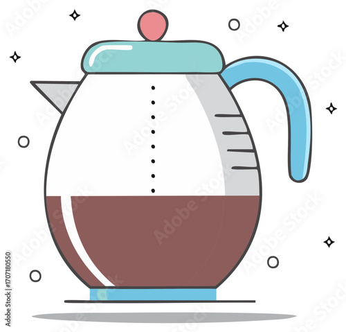 Whimsical coffee maker vector illustration with geometric shapes and fresh brewed coffee inside, clean lines and modern design