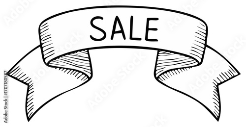 Stylized Hand Drawn SALE Banner Ribbon Black and White Illustration