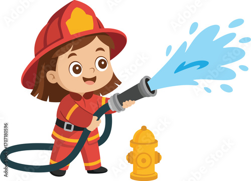 Joyful child in firefighter uniform bravely sprays water from a hose near a hydrant.