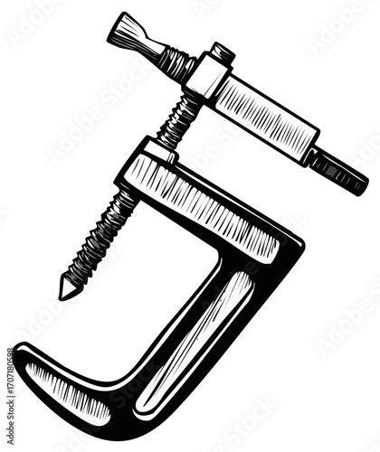 Metal G Clamp Screw Engraving: Construction and Hand Tools Illustration