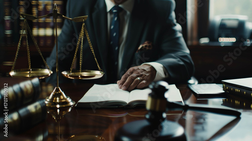 A courtroom scene showing a suited judge behind a desk with open law books, scales of justice, and gavel, symbolizing fairness, authority, and judicial responsibility.