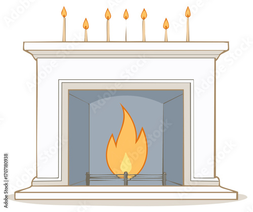 Illustration of a Fireplace with a Fire Burning, Candles on Mantel, cozy atmosphere