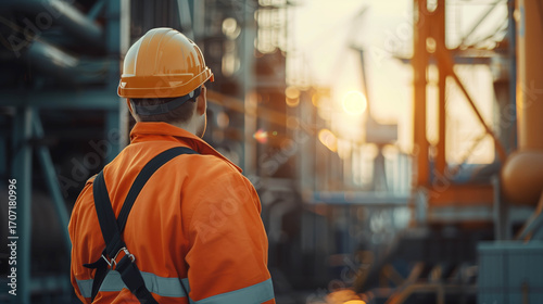 A construction worker in an orange safety vest and helmet looks out at an industrial site during sunset, reflecting dedication and progress