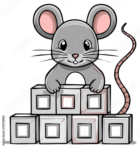 Cartoon Mouse Stacking Building Blocks Cute Rodent Toy Bricks Illustration