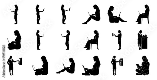Women using technology various poses silhouette woman