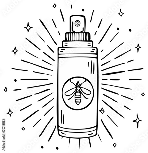 Insect Repellent Spray Outline with Sunburst Rays and Star Accents for Outdoor Protection, Pest Control