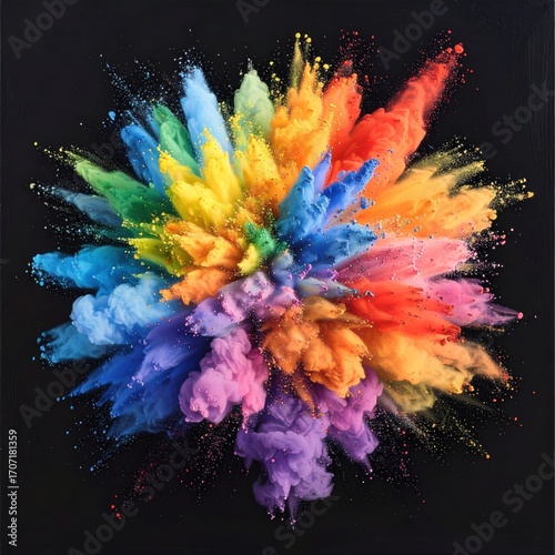 A vibrant explosion of rainbow powder bursts forth against a stark black background, creating a visually striking colorful display