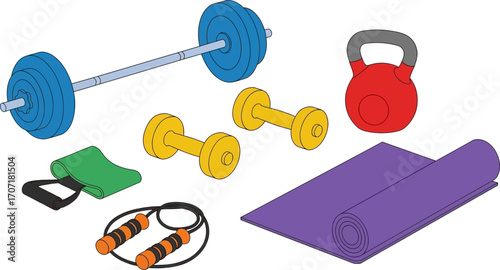 Collection of colorful fitness equipment for a home workout session