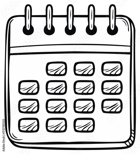 Black and white hand drawn calendar illustration with spiral binding and blank date squares for planning and scheduling