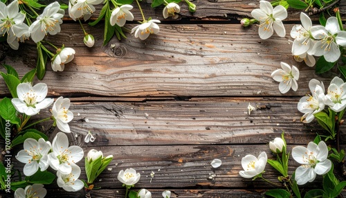 Rustic wooden plank background framed by delicate white blossoms and vibrant green leaves, creating a nature-inspired border around empty space