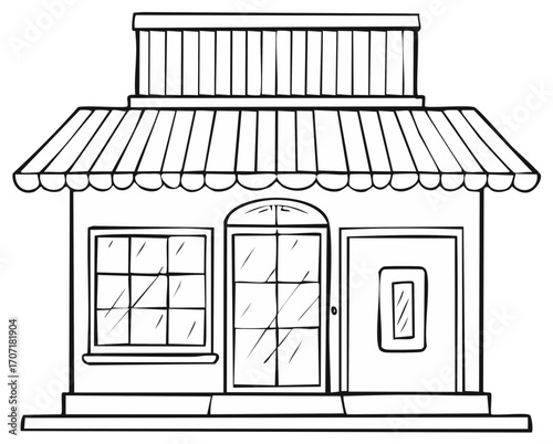 Whimsical Storefront Illustration Outline Drawing with Awning and Windows