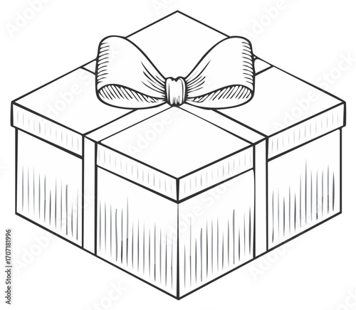 Isometric Gift Box with Ribbon and Bow Hand Drawn Engraving Style Illustration