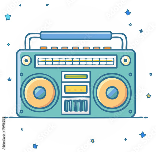 Colorful cartoon boombox illustration with stars and a retro music theme