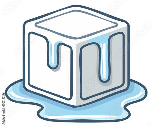 Melting ice cube illustration in blue and white, cooling concept