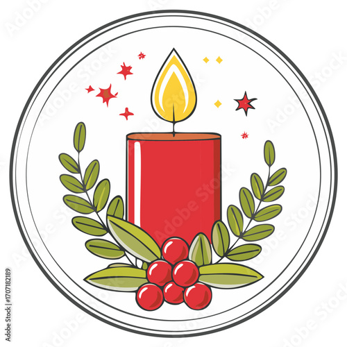 Holiday Candle with Flame, Red Berries, Green Leaves, and Starry Decorations