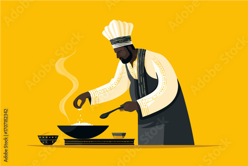 Chef cooking food on yellow background