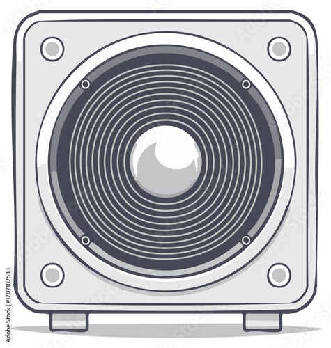 Monochrome illustration of a square audio speaker with a prominent circular cone and concentric rings