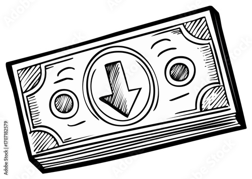 Hand Drawn Stack of Paper Money with Downward Pointing Arrow Symbolizing Economic Decline