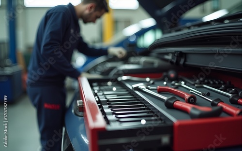 Selective focus on mechanic's toolbox with tools in drawer with auto-mechanic fixing car in blurry background at workshop. High quality