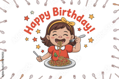 Joyful child enthusiastically eating spaghetti on birthday, surrounded by festive stars and cutlery border.