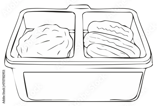 Black and white line art illustration of a divided lunchbox container filled with various food items for a meal
