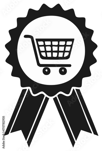 Shopping cart symbol on award ribbon for best online retail choice or customer satisfaction