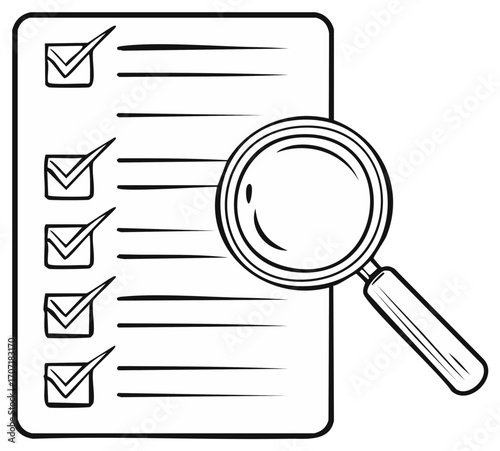 Checklist document with magnifying glass, illustration of inspection and evaluation