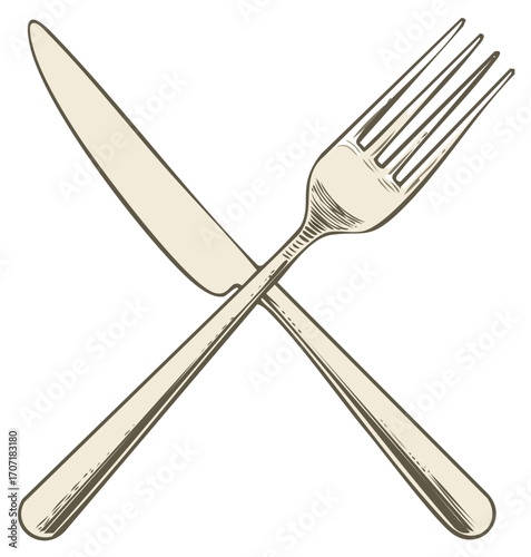 Vintage style illustration of a knife and fork crossed together representing dining concepts