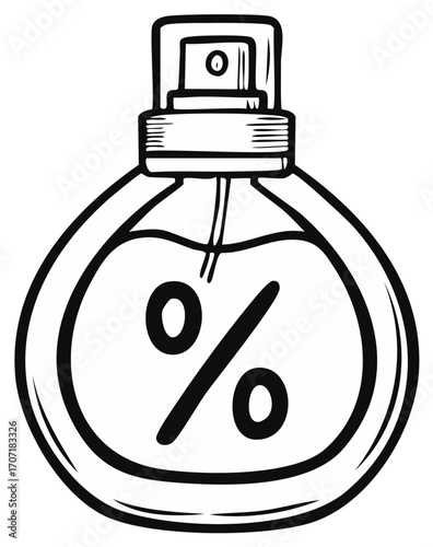 Perfume Bottle With Discount Sign Inside: Fragrance, Sale, Special Offer, Discount, Percentage Symbol, Black and White Sketch