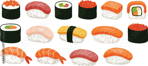 A variety of sushi pieces are displayed in a colorful and appetizing arrangement.