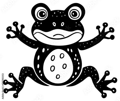 Stylized black and white frog illustration with wide expressive eyes and speckled skin, a charming amphibian graphic