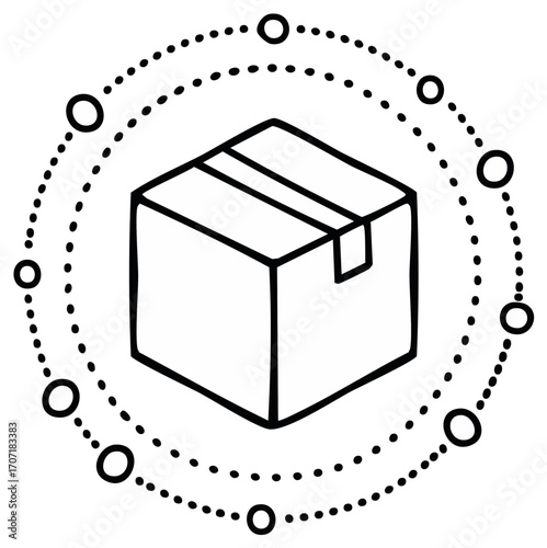 Hand-Drawn Style Box Surrounded by Dotted Lines and Circles for Delivery Icon