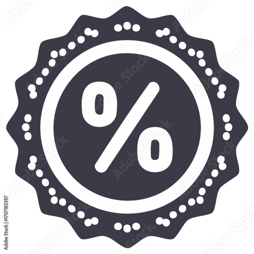 Dark blue badge with percentage symbol, white dotted border, round shape, sale, and promotion.
