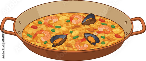 A colorful illustration of a paella dish in a traditional pan, featuring rice, shrimp, mussels, and peas.