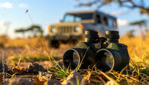 Awaiting the next wildlife sighting, binoculars rest on the sun-drenched ground during an exciting African safari