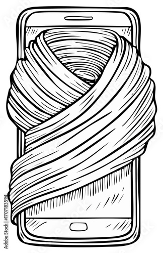 Digital detox concept illustration with smartphone wrapped in cloth symbolizing rest from technology and connection