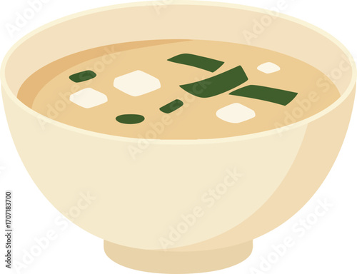 A close-up illustration of a bowl filled with miso soup, with tofu and seaweed.