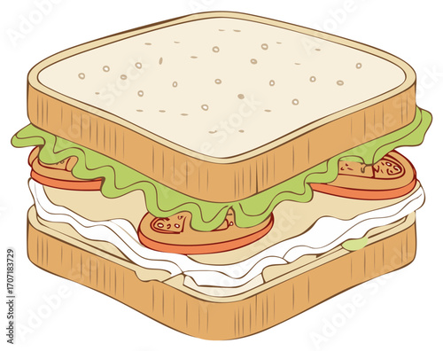 Cartoon Illustration of a Sandwich with Lettuce, Tomato and Cream Cheese, Healthy Food