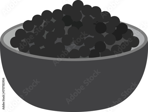A simple graphic illustration of a dark grey bowl filled to the brim with black caviar roe.