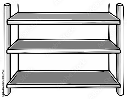 Simple three tier empty display shelf hand drawn doodle style illustration