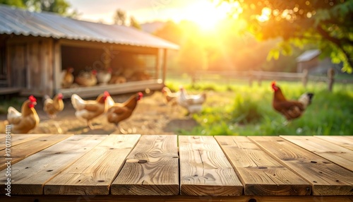 Empty rustic wooden table top with a blurred background of a chicken coop and free-range hens in the warm sunlight