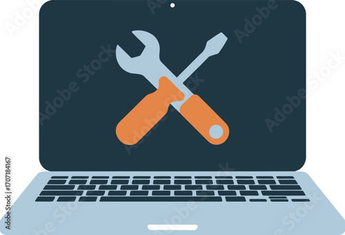 Computer repair and technical support concept with tools on laptop screen