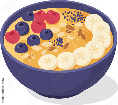 A healthy breakfast smoothie bowl topped with fresh blueberries, raspberries, sliced bananas, and various seeds.