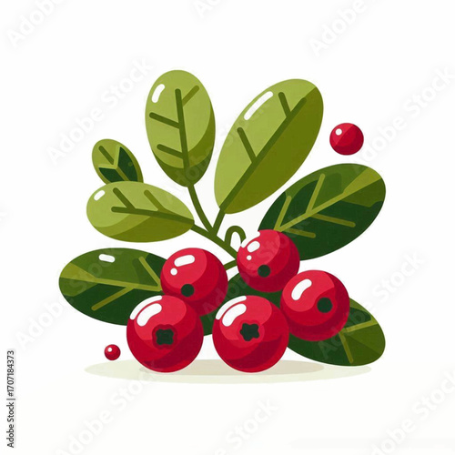 Red berries with green leaves a cluster of shiny lingonberries