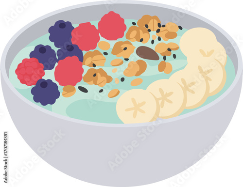 Vector illustration of a healthy breakfast smoothie bowl topped with fresh raspberries, blackberries, banana slices, and granola.