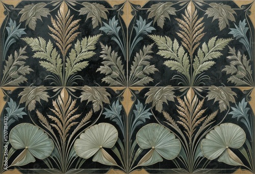 An Art Deco inspired tile pattern with stylized ferns   lily pads in a geometric layout.